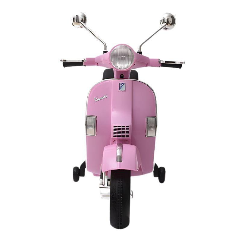 Vespa PX150 12V Rosa para crianças com farol frontal, retrovisores cromados, roda dianteira larga e rodinhas laterais de apoio para equilíbrio