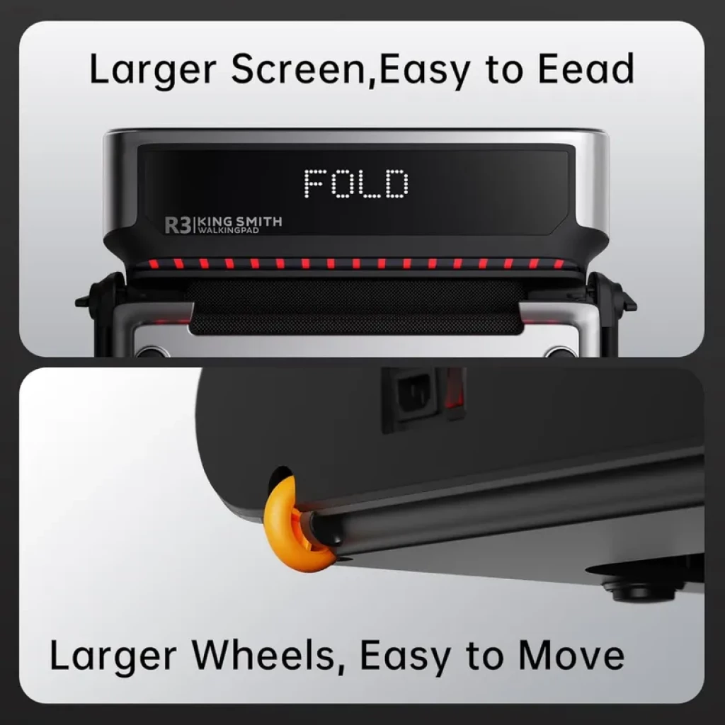 Kingsmith Walkingpad R3 Hybrid + avec écran LED FOLD, bords métalliques, éclairage rouge, grandes roulettes orange pour un déplacement facile