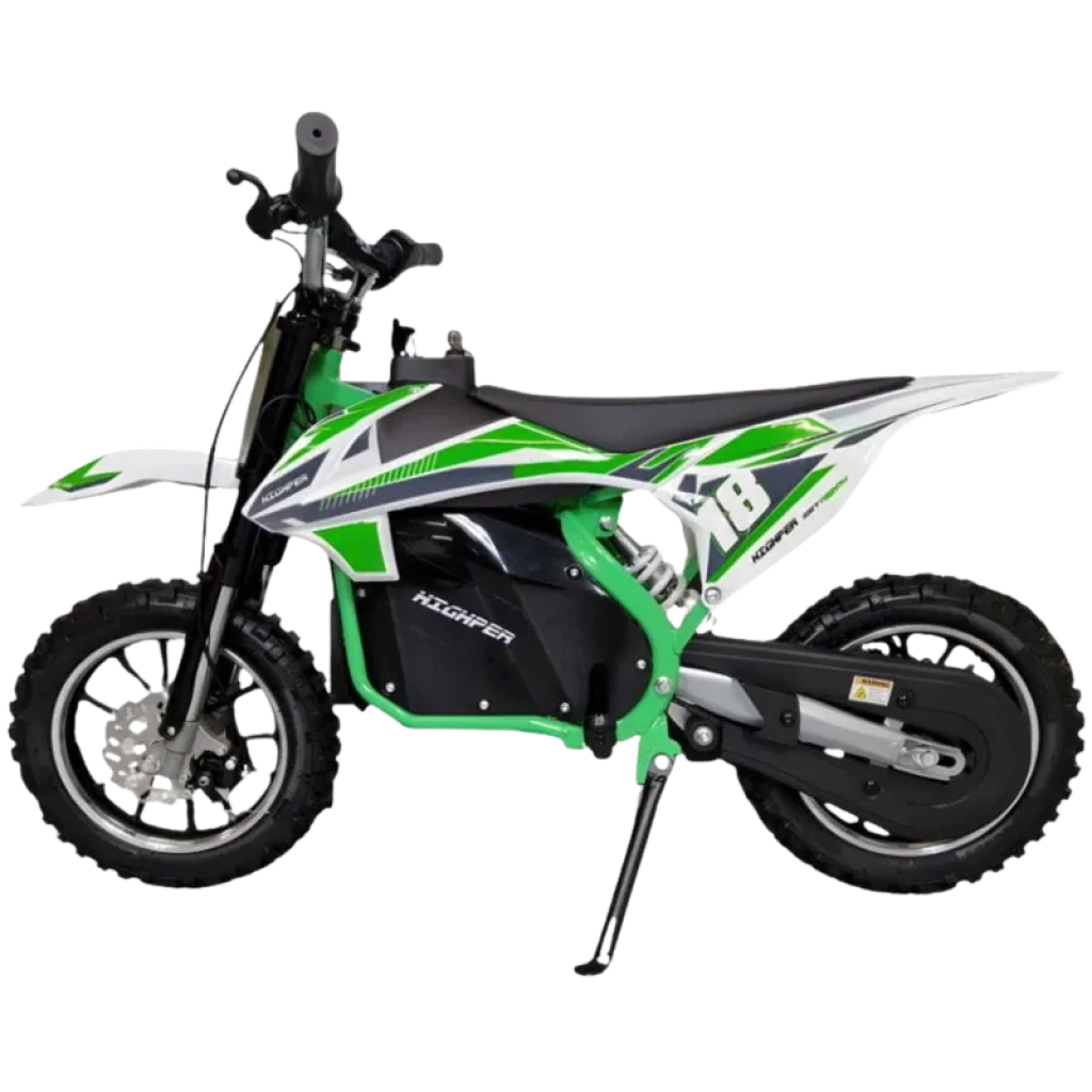 Moto de Cross 36V Verde para niños con chasis deportivo, llantas todoterreno, frenos de disco, caballete lateral y diseño X8 en color verde y negro