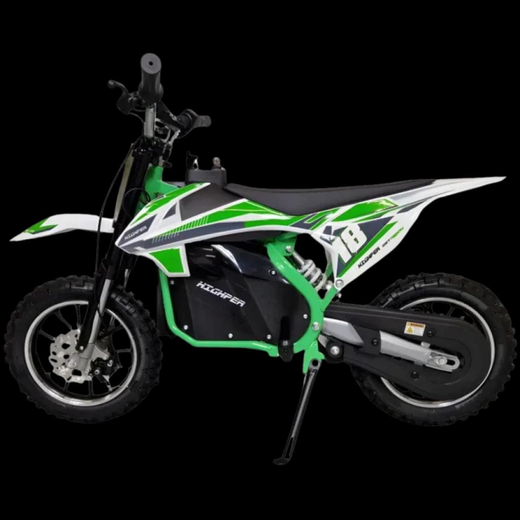 Moto de Cross 36V Verde para niños con chasis deportivo, llantas todoterreno, frenos de disco, caballete lateral y diseño X8 en color verde y negro