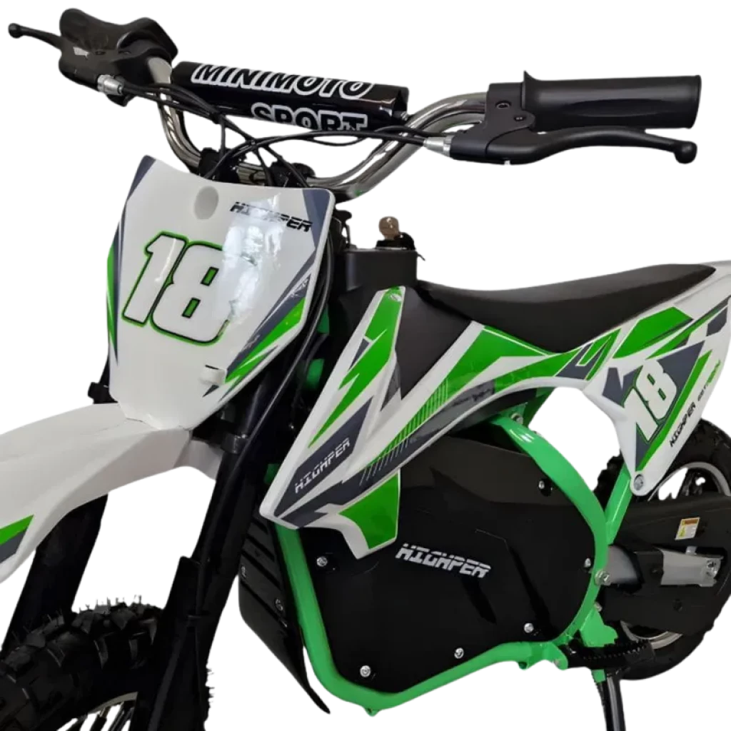 Moto de Cross 36V Verde para niños, diseño deportivo con carenado blanco y verde, número 18, manillar MINIMOTO SPORT y motor eléctrico integrado