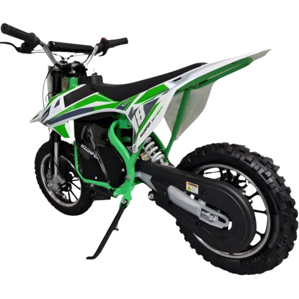 Moto de Cross 36V Verde - Moto eléctrica para niños con chasis robusto, neumáticos de tacos, guardabarros trasero, transmisión cubierta y caballete estable