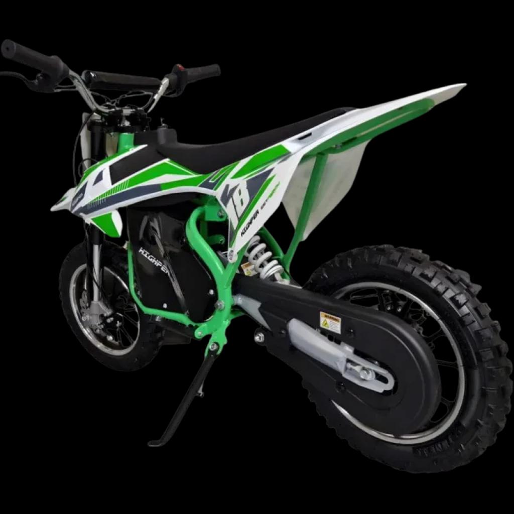 Moto de Cross 36V Verde - Moto eléctrica para niños con chasis robusto, neumáticos de tacos, guardabarros trasero, transmisión cubierta y caballete estable