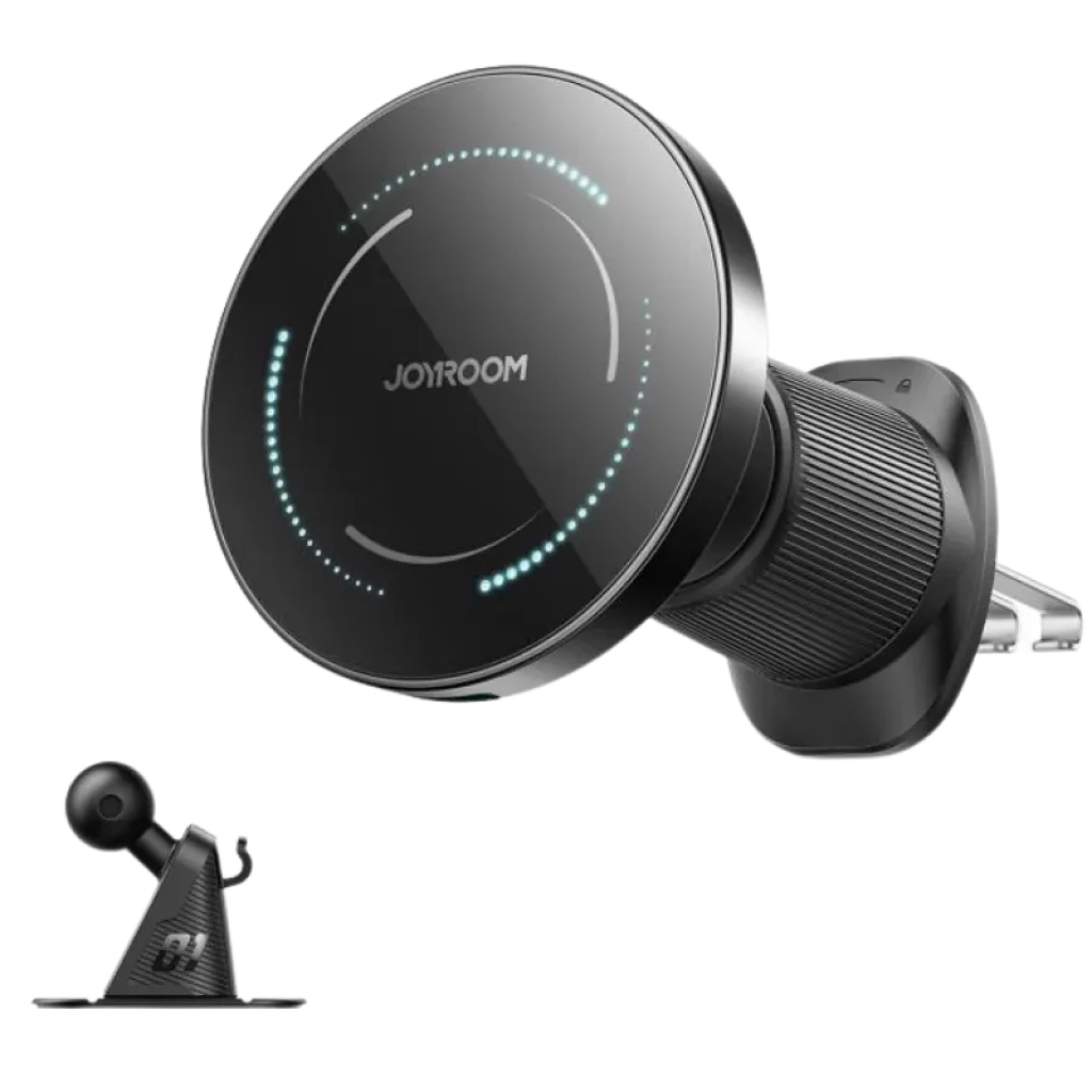 Cargador magnético Joyroom JR-ZS502 15W para coche, disco negro con luz LED circular, soporte ajustable y montaje en rejilla de ventilación
