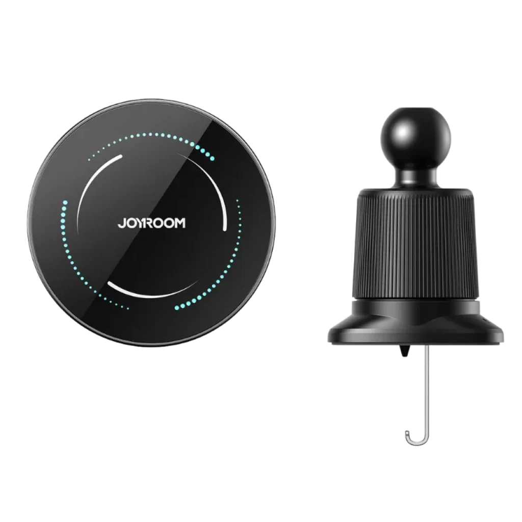 Joyroom JR-ZS502 15W cargador magnético circular negro con LED y soporte para rejilla de ventilación, cabeza esférica ajustable y gancho de sujeción