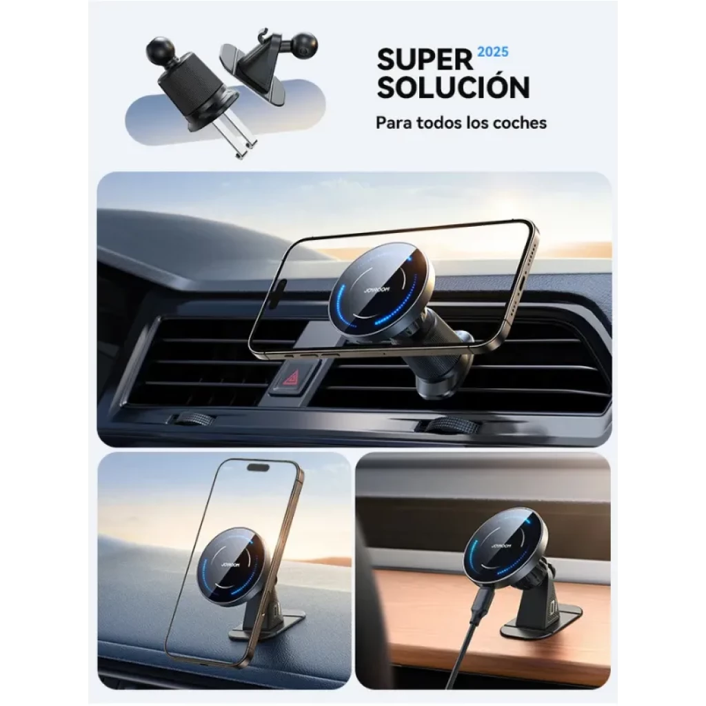 Soporte cargador magnético 15W para coche, acabado negro con aro LED azul, sujeción a rejilla y salpicadero, rotación 360°, compatible con smartphones