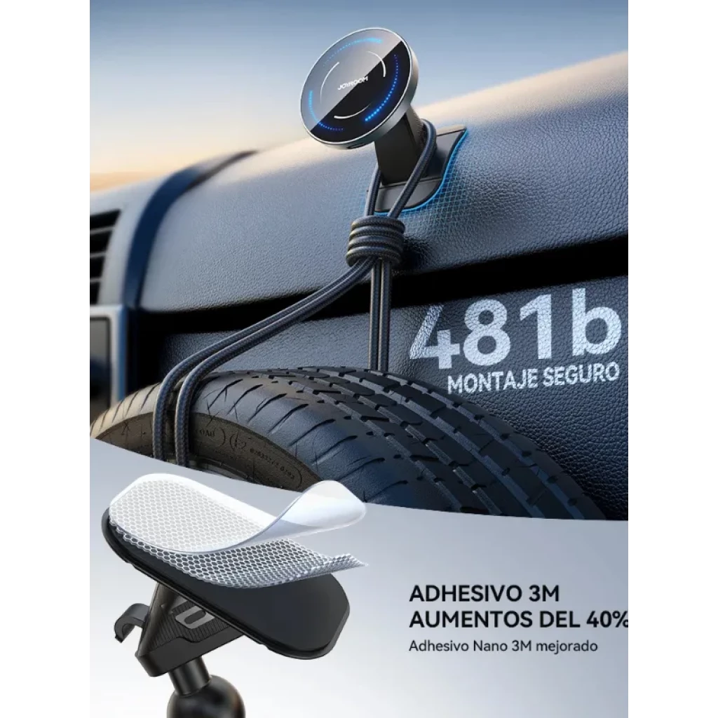 Joyroom JR-ZS502 15W, cargador magnético para coche con soporte: base circular con luz azul, cable trenzado, adhesivo 3M mejorado y fijación resistente 481 lb