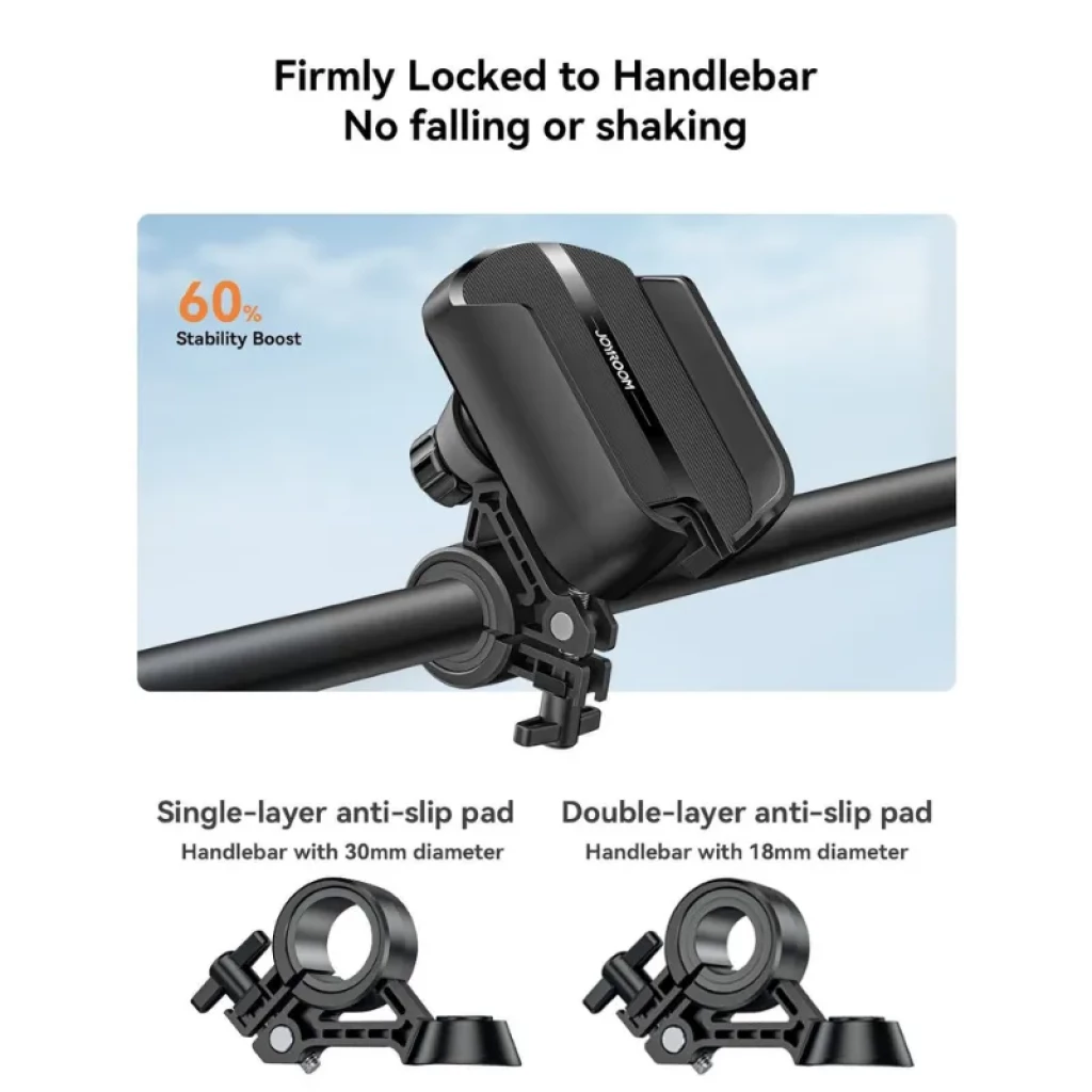 Soporte Joyroom JR-ZS431 para manillar con doble bloqueo, rotación 360°, almohadillas antideslizantes y ajuste para 18 mm y 30 mm. Estable y seguro.