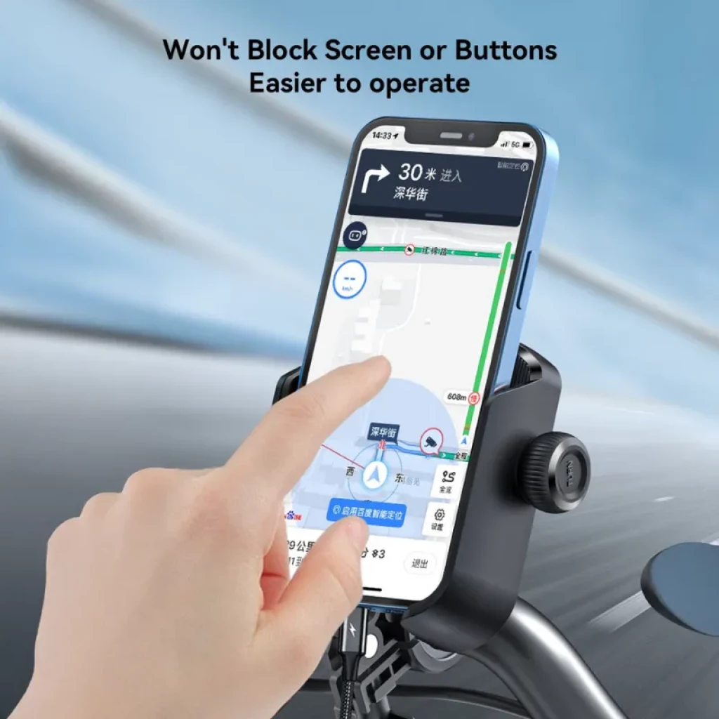 Joyroom JR-ZS431: soporte para bicicleta con doble bloqueo, rotación 360°, agarre lateral ajustable, acceso total a pantalla y botones, montaje en manillar
