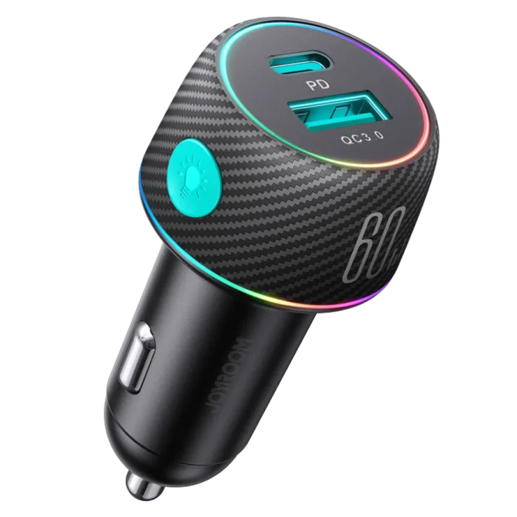 Cargador de coche Joyroom JR-CCN01 60W con puerto USB-C PD y USB-A QC3.0, botón lateral para luces LED RGB, acabado efecto fibra de carbono negra