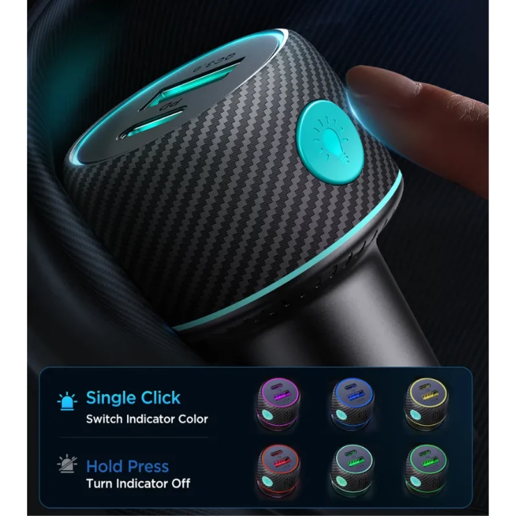 Cargador de coche Joyroom JR-CCN01 60W con puertos USB-A y USB-C, acabado efecto fibra de carbono, aro e iluminación LED multicolor y botón táctil de luz