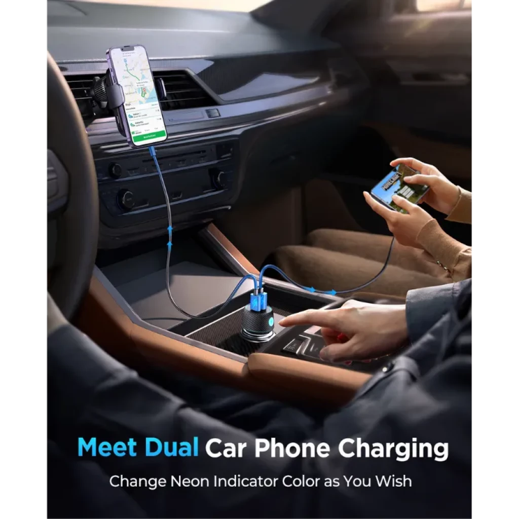 Joyroom JR-CCN01 60W: cargador de coche con USB-A y USB-C, carga dual rápida, botón para luces de neón, diseño compacto en la consola central