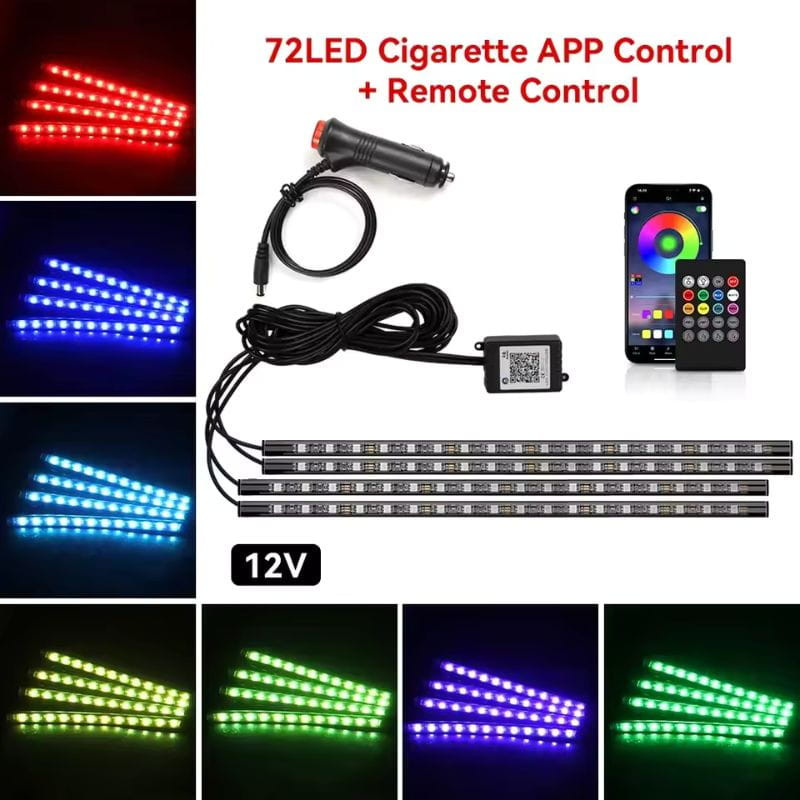 Tiras LED RGB 12V para coche con 72 luces, control por APP y mando. Colores rojo, azul, blanco, verde y multicolor, con conector a mechero y módulo