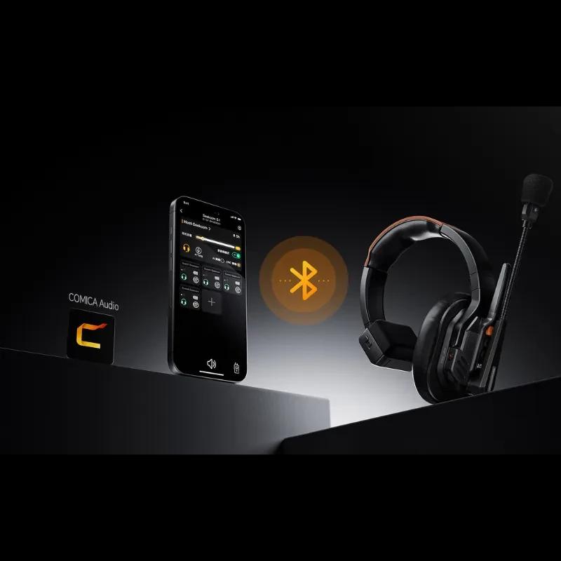 COMICA Seekcom S1 Pack2 con auricular profesional con micrófono boom, módulo inalámbrico y app móvil; diseño negro con detalles naranjas y conectividad
