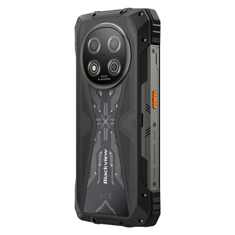 Smartphone robusto Blackview Rock 2 5G en negro, carcasa rugerizada, módulo de cámara dual circular, botón lateral naranja y diseño trasero texturizado.