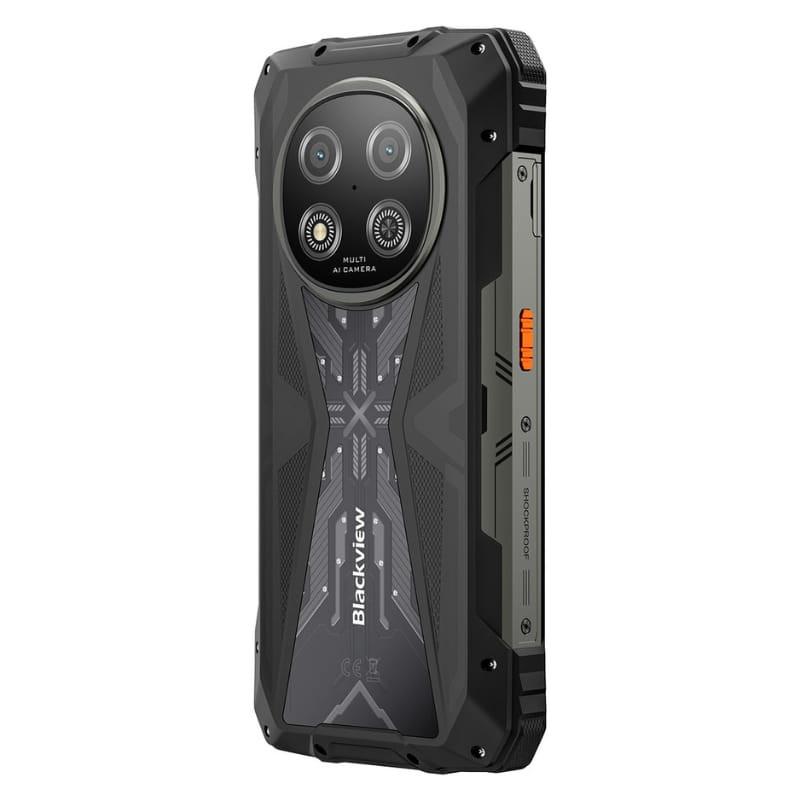 Smartphone robusto Blackview Rock 2 5G en negro, carcasa rugerizada, módulo de cámara dual circular, botón lateral naranja y diseño trasero texturizado.