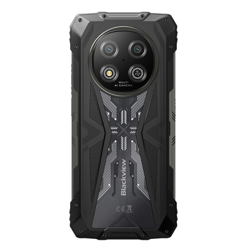Smartphone rugerizado Blackview Rock 2 5G negro, trasera robusta con doble cámara circular y flashes, detalles geométricos, logo Blackview centrado