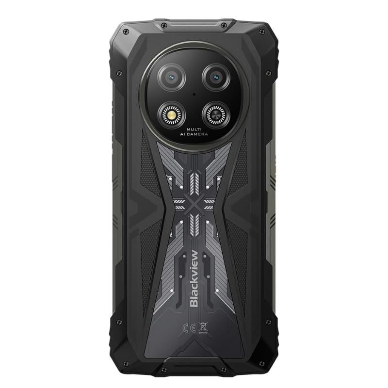 Smartphone rugerizado Blackview Rock 2 5G negro, trasera robusta con doble cámara circular y flashes, detalles geométricos, logo Blackview centrado