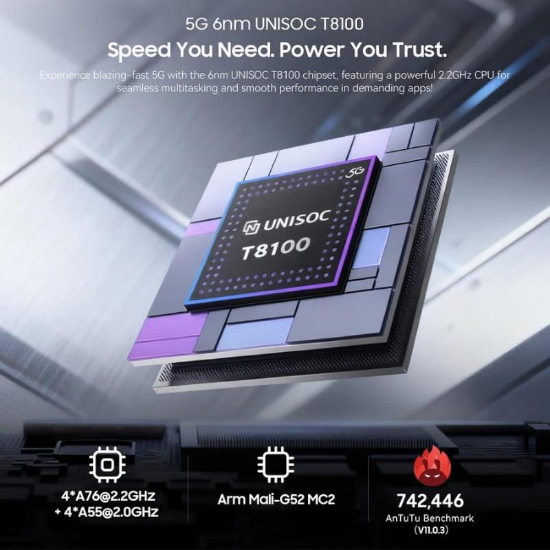Chip UNISOC T8100 5G de 6 nm con CPU 2.2 GHz, gráficos Arm Mali-G52 MC2 y 742446 en AnTuTu, diseñado para multitarea fluida y juegos exigentes