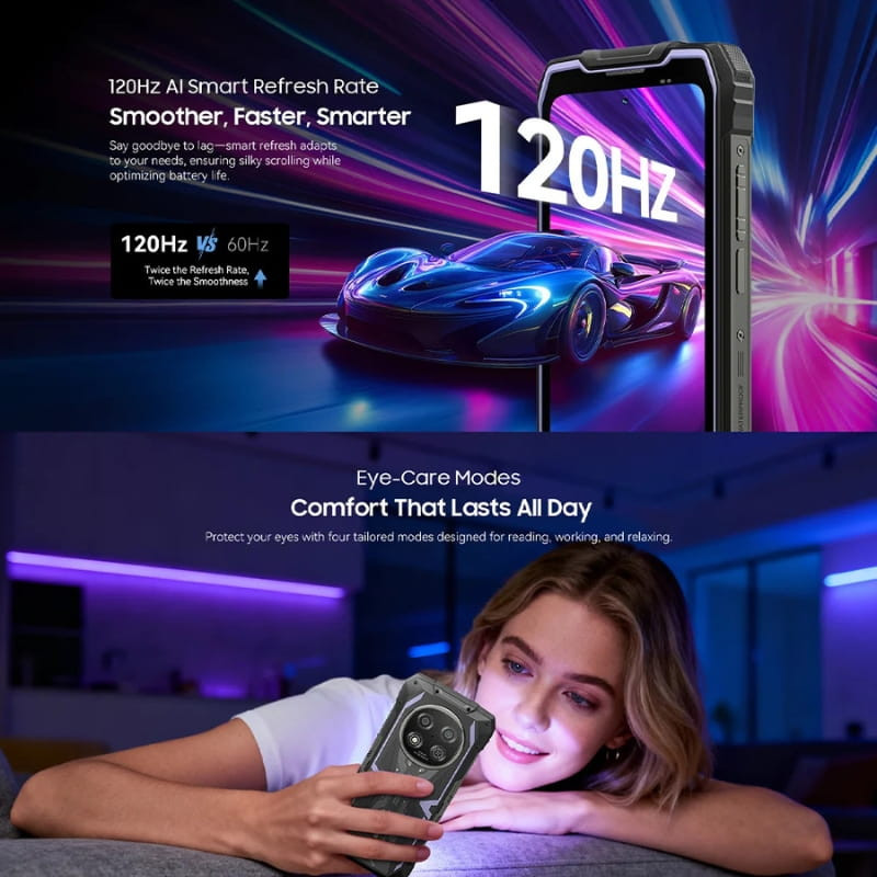 Blackview Rock 2 5G negro con pantalla 6,67” 120Hz, cuerpo robusto con bordes reforzados, cámara trasera circular, 8GB RAM, 256GB y batería 15000 mAh