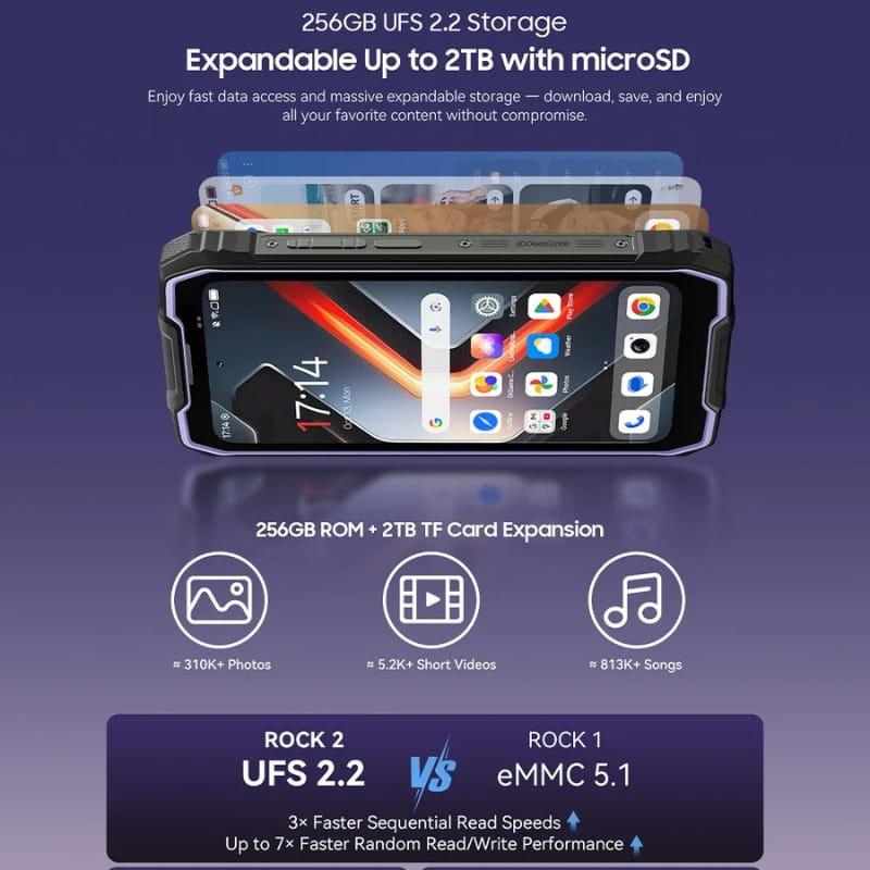 Blackview Rock 2 5G negro con pantalla 6,67 pulgadas, 8 GB RAM, 256 GB UFS 2.2 ampliables a 2 TB por microSD; diseño robusto y batería 15000 mAh