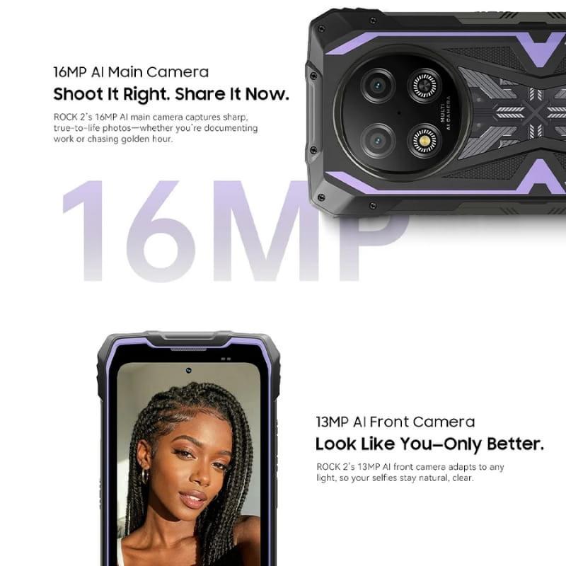 Smartphone rugerizado Blackview Rock 2 5G negro con marco reforzado púrpura, triple cámara trasera 16 MP y pantalla 6,67 pulgadas con cámara frontal 13 MP