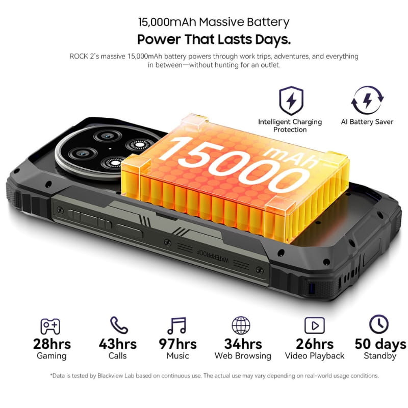 Blackview Rock 2 5G negro con batería 15000 mAh destacada, cuerpo robusto, módulos de cámara trasera circulares y pantalla 6,67 pulgadas en primer plano