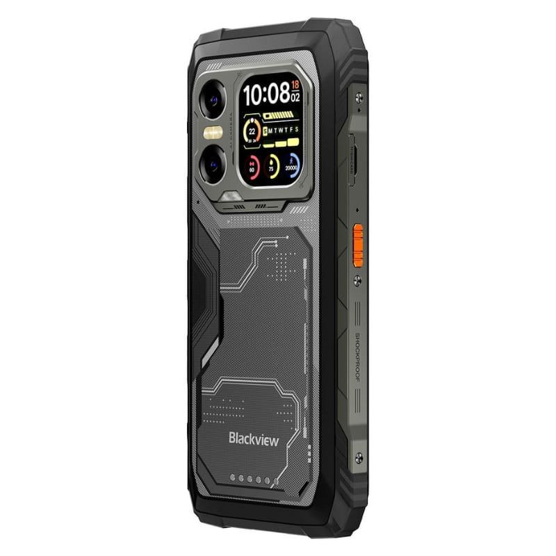 Blackview XPLORE X1 5G negro robusto con pantalla secundaria 2,01 pulg, módulo de cámara triple 108 MP, laterales metálicos y botón naranja rugerizado