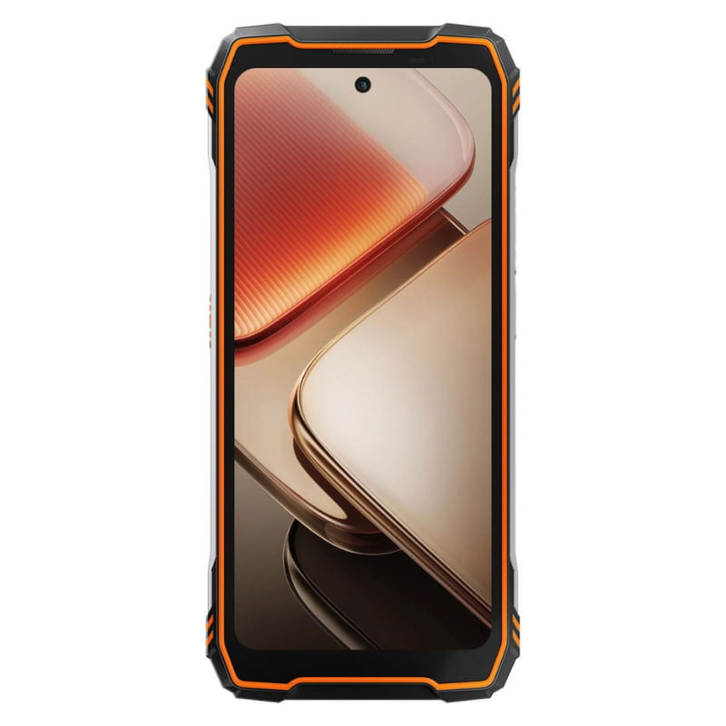 Smartphone rugerizado naranja con marco reforzado, bordes antideslizantes y pantalla amplia con cámara frontal centrada, diseño robusto y acentos en negro y