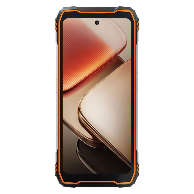 Smartphone rugerizado naranja con marco reforzado, bordes antideslizantes y pantalla amplia con cámara frontal centrada, diseño robusto y acentos en negro y