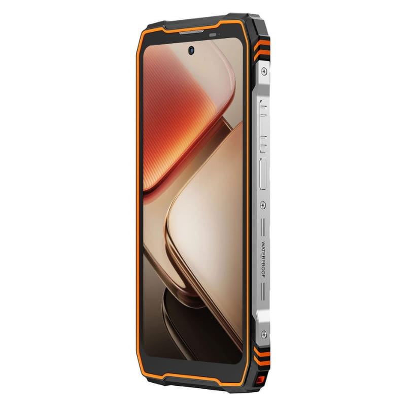 Smartphone rugerizado naranja con bordes reforzados, marco metálico plateado, botones laterales, cámara frontal centrada y pantalla grande sin marcos