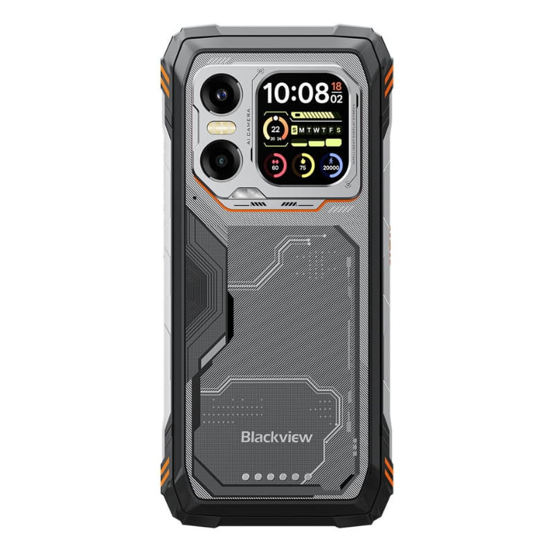 Blackview XPLORE X1 5G naranja con diseño rugerizado, módulo de cámara dual prominente, pantalla secundaria trasera y detalles en gris y negro con acentos