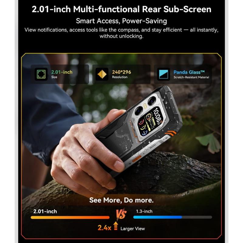 Blackview XPLORE X1 5G naranja con pantalla principal 6,78 pulgadas y subpantalla trasera 2,01 pulgadas, diseño robusto con Panda Glass resistente