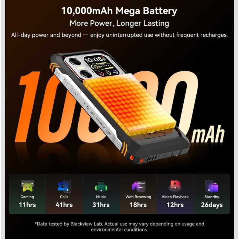 Blackview XPLORE X1 naranja con batería 10000 mAh destacada, diseño robusto, cámara trasera múltiple y pantalla 6,78 pulgadas con marcos reforzados
