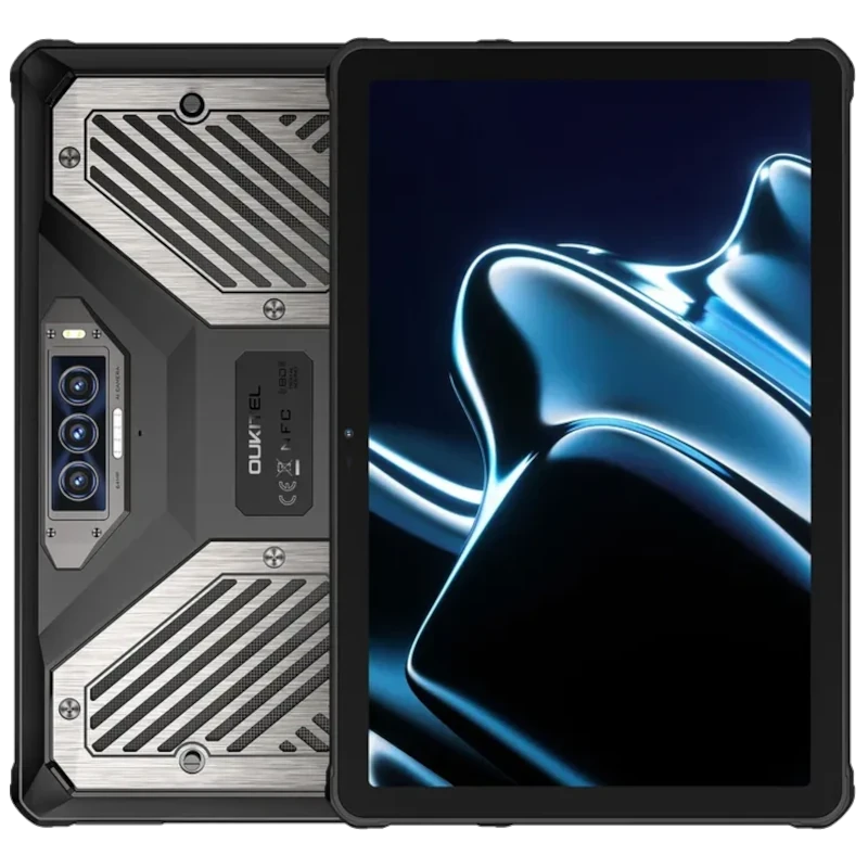 Tablet Oukitel RT10 5G negra y robusta, trasera metálica con triple cámara y tornillos visibles, frontal con pantalla completa y bordes reforzados