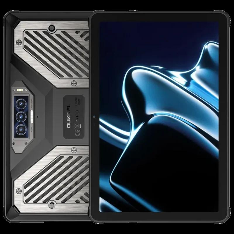 Oukitel RT10 5G tablet robusto preto com corpo reforçado, luz de acampamento, três câmeras traseiras, tela ampla e acabamento metálico industrial