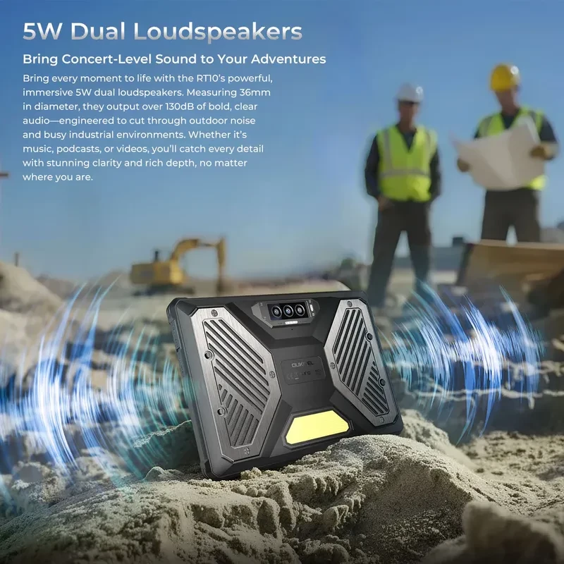 Tablet robusto Oukitel RT10 5G preto, traseira reforçada com alto-falantes duplos 5W, módulo de câmera central e luz de acampamento integrada