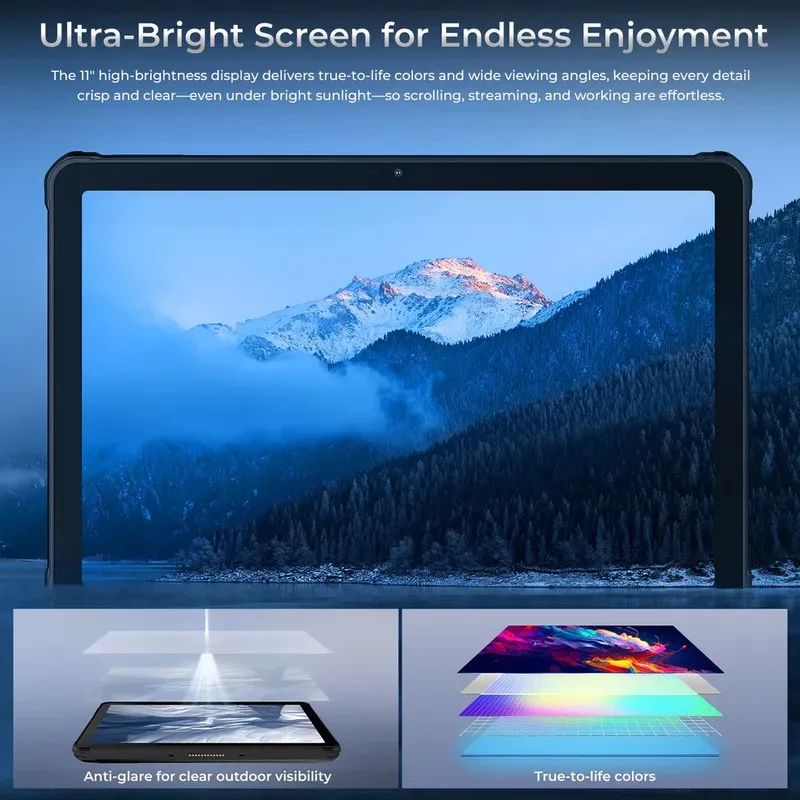 Oukitel RT10 5G preto, tablet robusto 11 pol com tela brilhante, anti-reflexo e cores vívidas; ideal para uso externo, streaming e trabalho