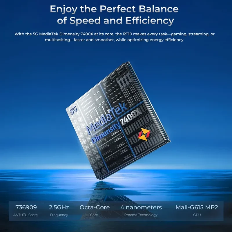 Chip MediaTek Dimensity 7400X 5G em destaque, octa-core 2,5 GHz, 4 nm, GPU Mali-G615 MP2, foco em velocidade, eficiência e multitarefa fluida