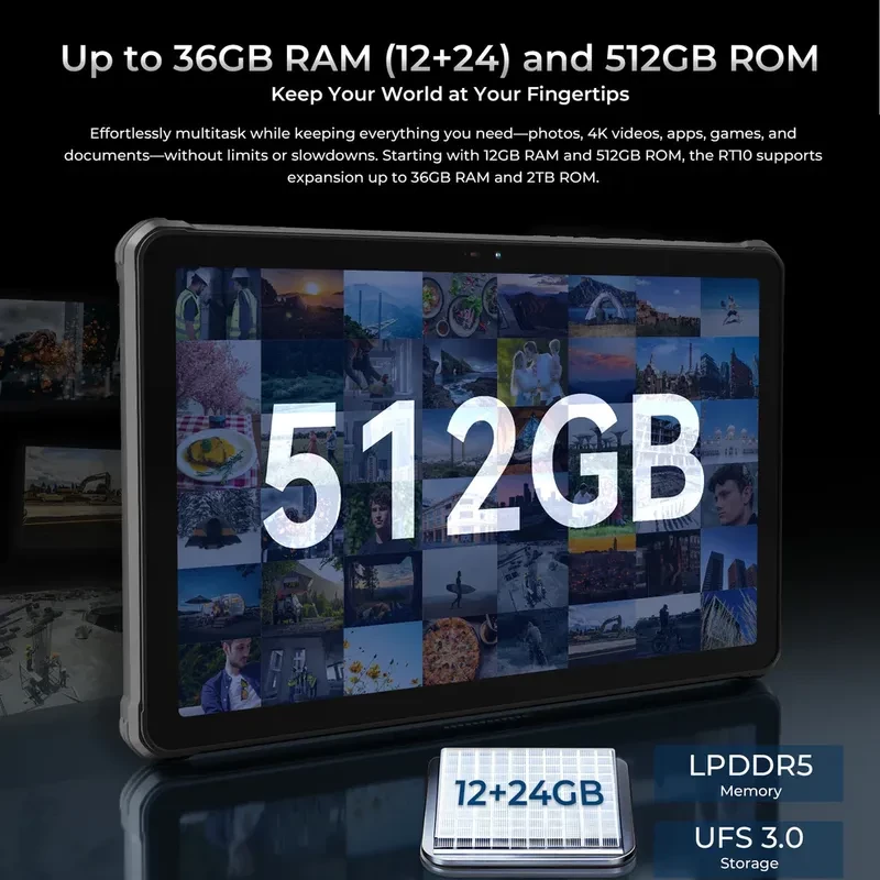Tablet robusto Oukitel RT10 5G preto com tela ampla, destaque 512GB ROM e 12GB RAM expansíveis, memória LPDDR5 e armazenamento UFS 3.0