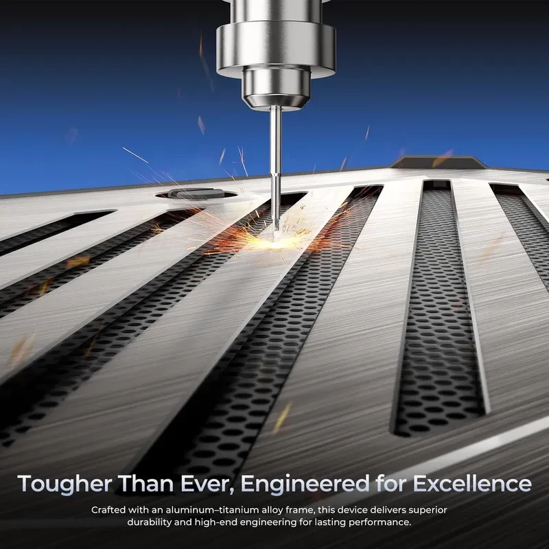 Detalhe do RT10 5G preto com estrutura em liga alumínio-titânio, grelhas metálicas e usinagem de alta precisão, destacando robustez e durabilidade