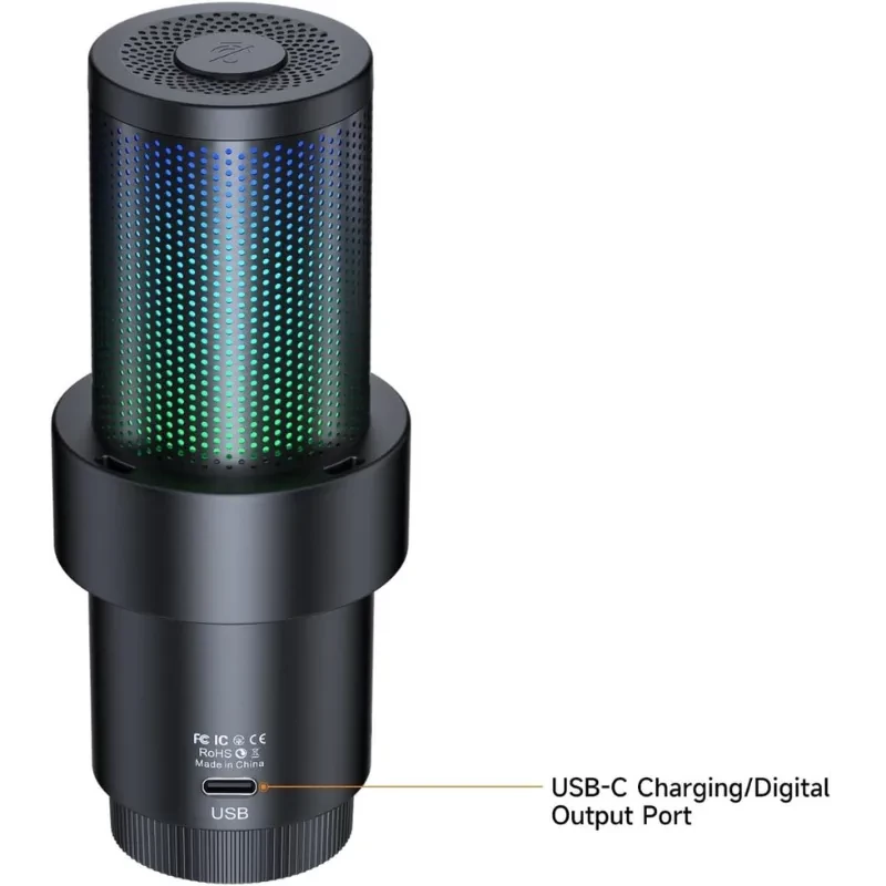 COMICA EJoy Uni Pro A Micrófono Inalámbrico Negro con cuerpo cilíndrico, rejilla RGB multicolor y base negra con puerto USB-C para carga y salida digital