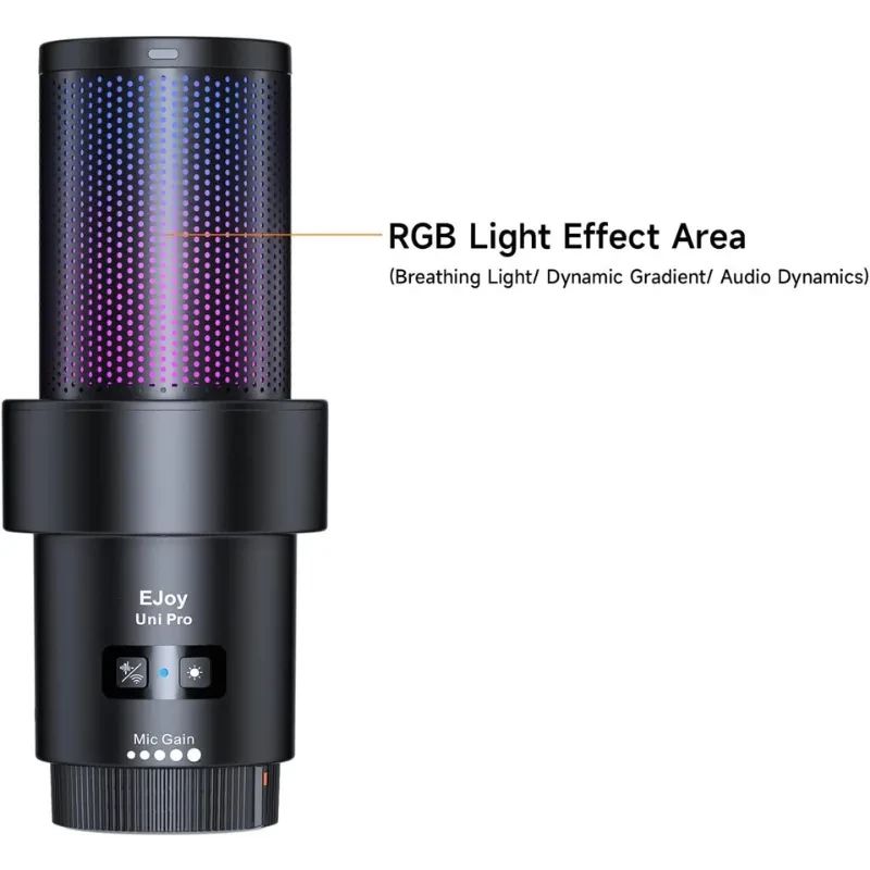 COMICA EJoy Uni Pro A Micrófono Inalámbrico Negro con cuerpo cilíndrico, zona de efecto de luz RGB, botones de control y ajuste de ganancia en la base