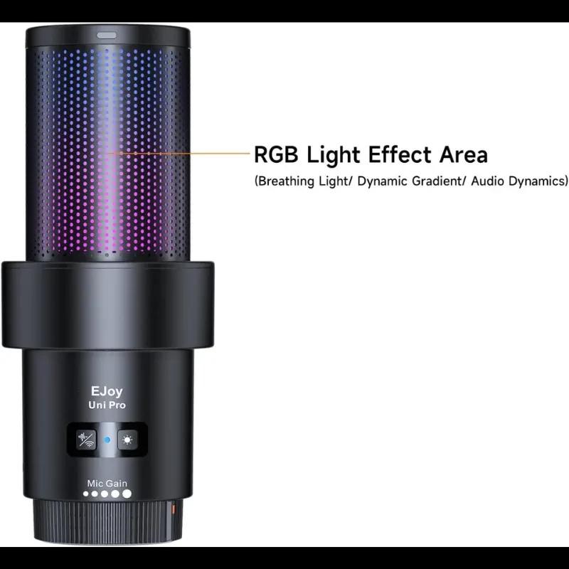 COMICA EJoy Uni Pro A Micrófono Inalámbrico Negro con cuerpo cilíndrico, zona de efecto de luz RGB, botones de control y ajuste de ganancia en la base