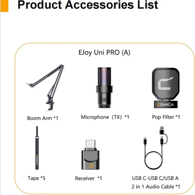 COMICA EJoy Uni Pro (A) Micrófono Inalámbrico Negro con brazo articulado, filtro antipop, receptor USB, cable 2 en 1 y cintas; diseño compacto y moderno