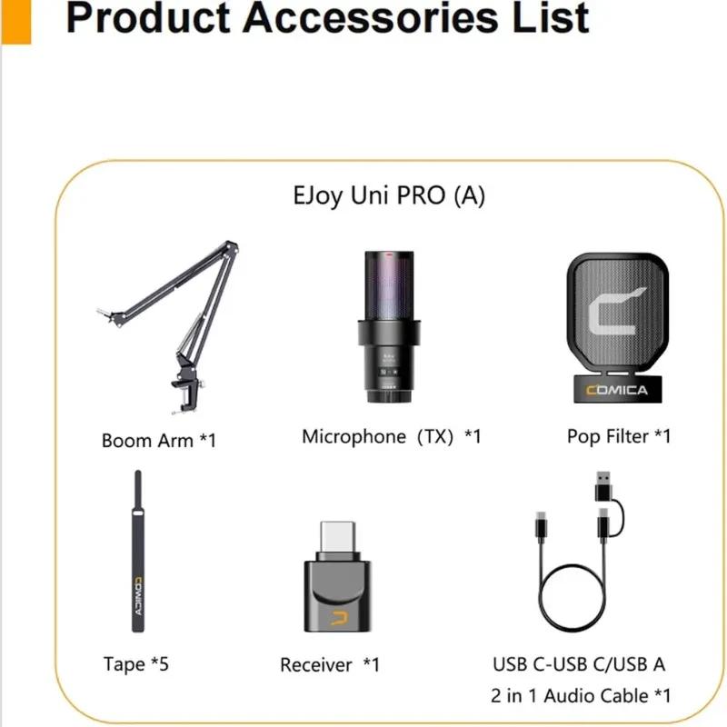 COMICA EJoy Uni Pro (A) Micrófono Inalámbrico Negro con brazo articulado, filtro antipop, receptor USB, cable 2 en 1 y cintas; diseño compacto y moderno