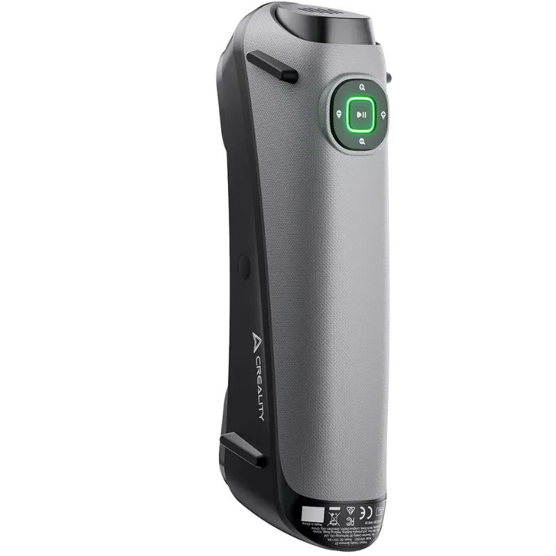 Escáner 3D Creality Sermoon S1 portátil en color gris oscuro, cuerpo ergonómico, botón circular verde con indicador LED, diseño vertical y compacto