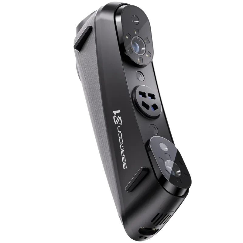 Escáner 3D Creality Sermoon S1 portátil en color negro, cuerpo compacto con múltiples sensores frontales, botones circulares y rejillas de ventilación