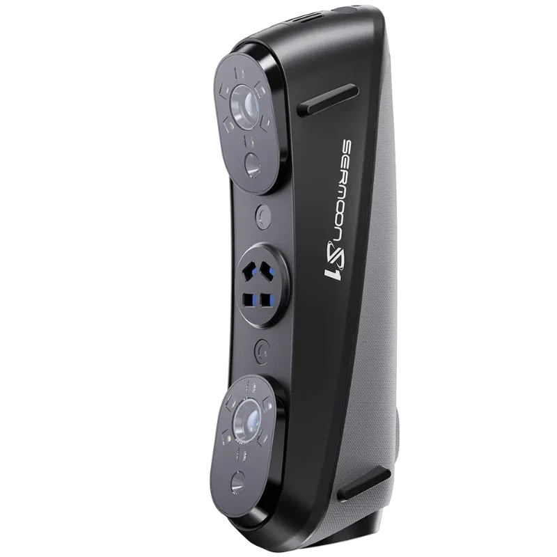 Escáner 3D Creality Sermoon S1 portátil en negro, cuerpo curvo, dos módulos de cámara con sensores y LEDs frontales, rejilla lateral de ventilación