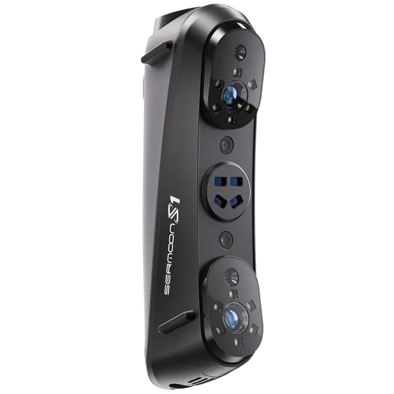 Escáner 3D Creality Sermoon S1 con tres módulos ópticos frontales, LEDs de referencia y cuerpo compacto negro para captura precisa y portátil